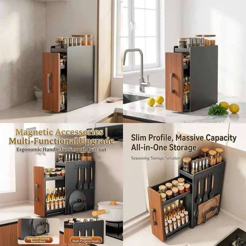 Multifunctional Double Layer Carbon Steel Rubber Wood Modern Kitchen Tabletop Seasoning Storage Cabinet Saving Tableware
