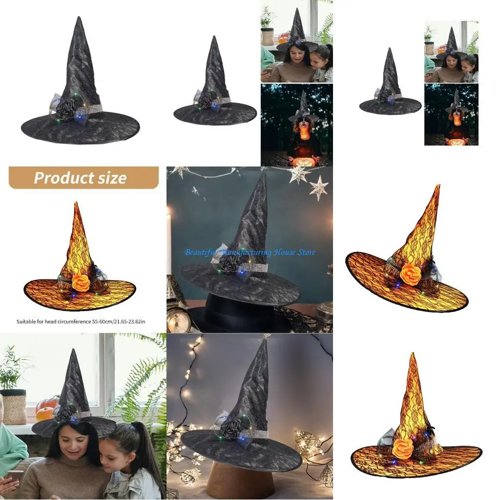 

E56A Pointed Witch Hat with LED Masquerade Party Dress Up Hat RolePlaying Wizard Hat