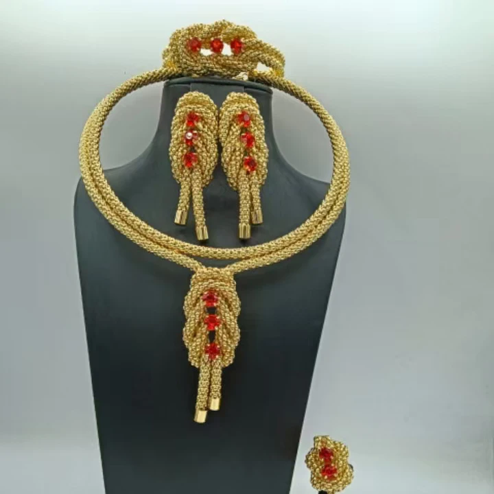 Vintage Twisted Rope Knot Crystal Jewelry Set Women Choker Necklace Earring Bracelet Ring Dubai Nigerian Wedding Banquet Costume