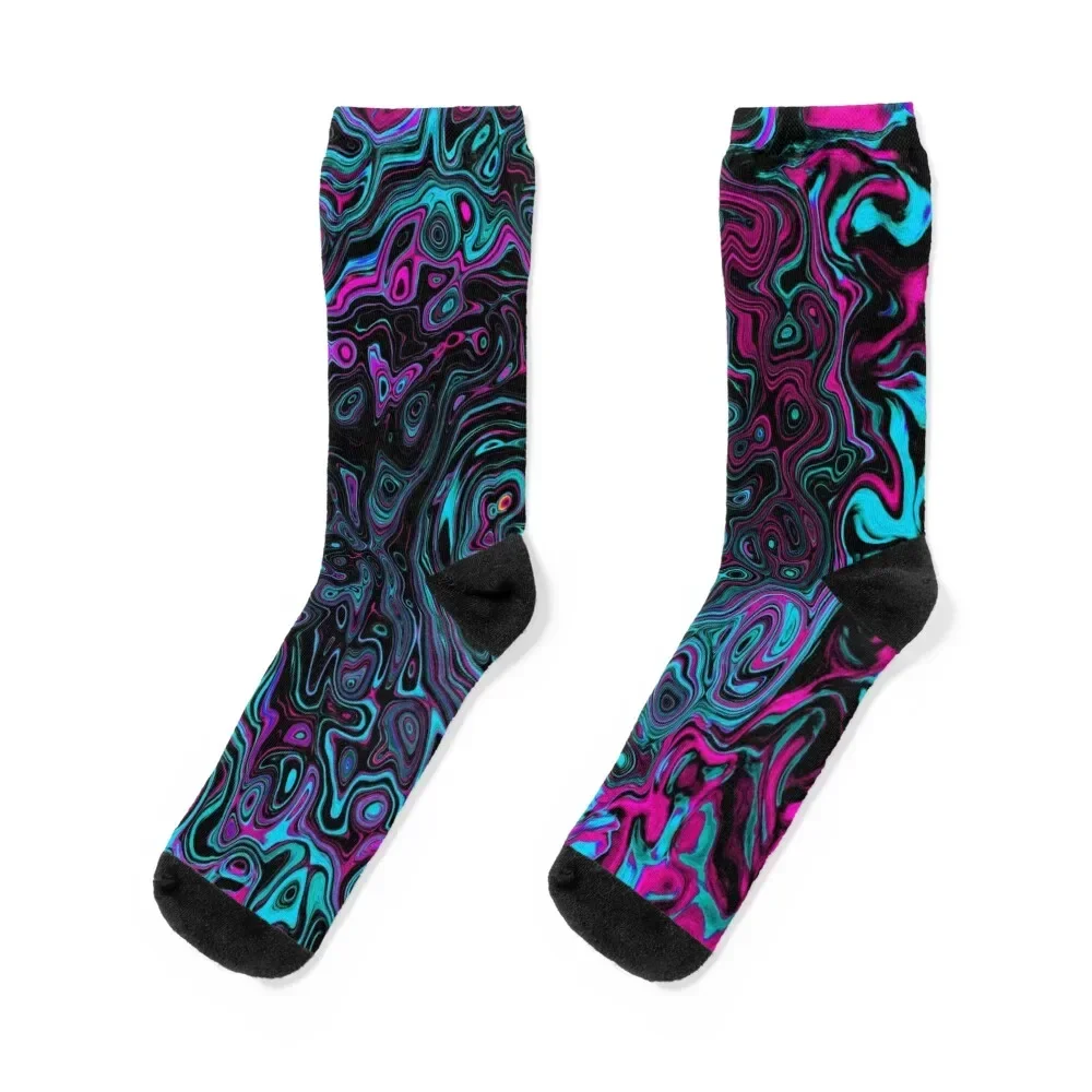 Retro Aqua Magenta and Black Abstract Swirl Socks man Stockings compression short Women Socks Men's