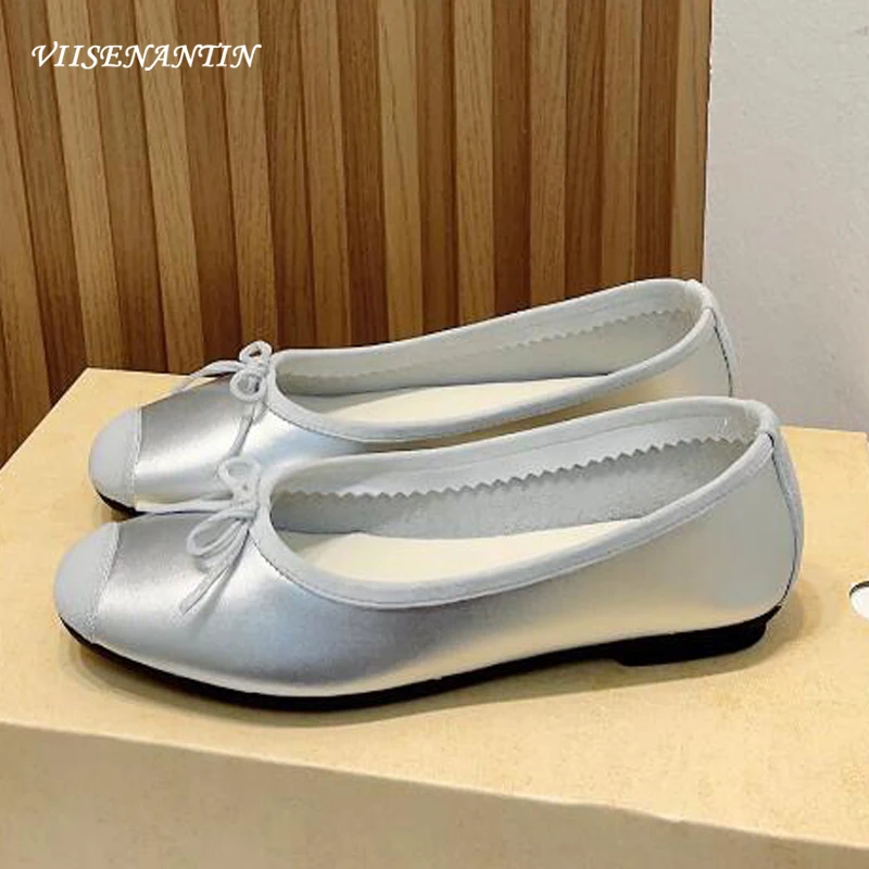 

French Style Bowtie Lady Ballet Shoe Flat Slip on Round Toe Patchwork Black White Silver All Match Casual Comfortable Daily Shoe