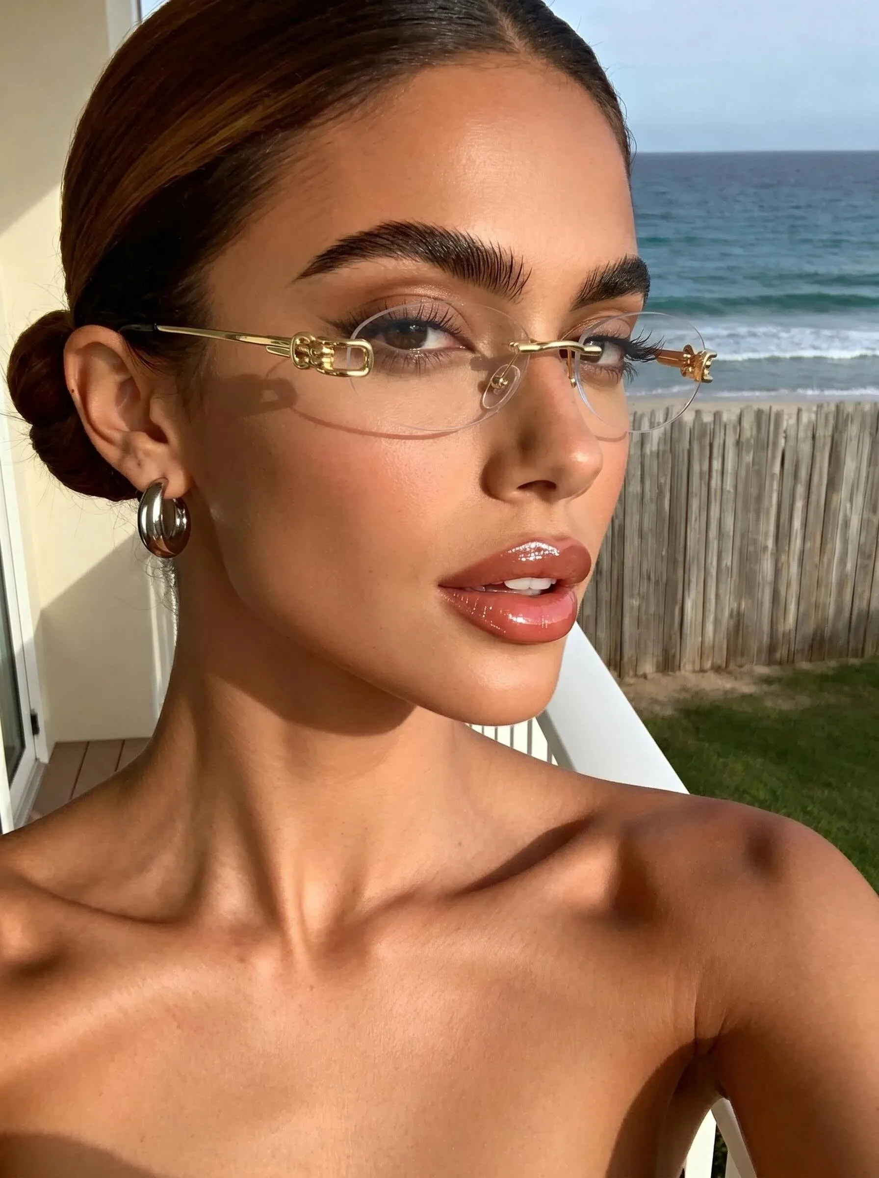 1 par de gafas ovaladas finas sin montura a la moda, adornos de doble cadena, montura dorada lisa, gafas informales de uso diario para mujer