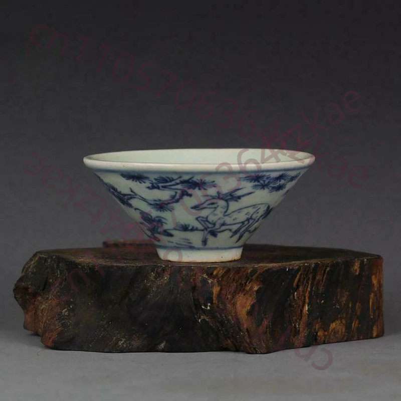 

Китайская сине-белая фарфоровая чашка-пиала 3,2 дюйма с узором «Олень и журавль», коллекционный подарок