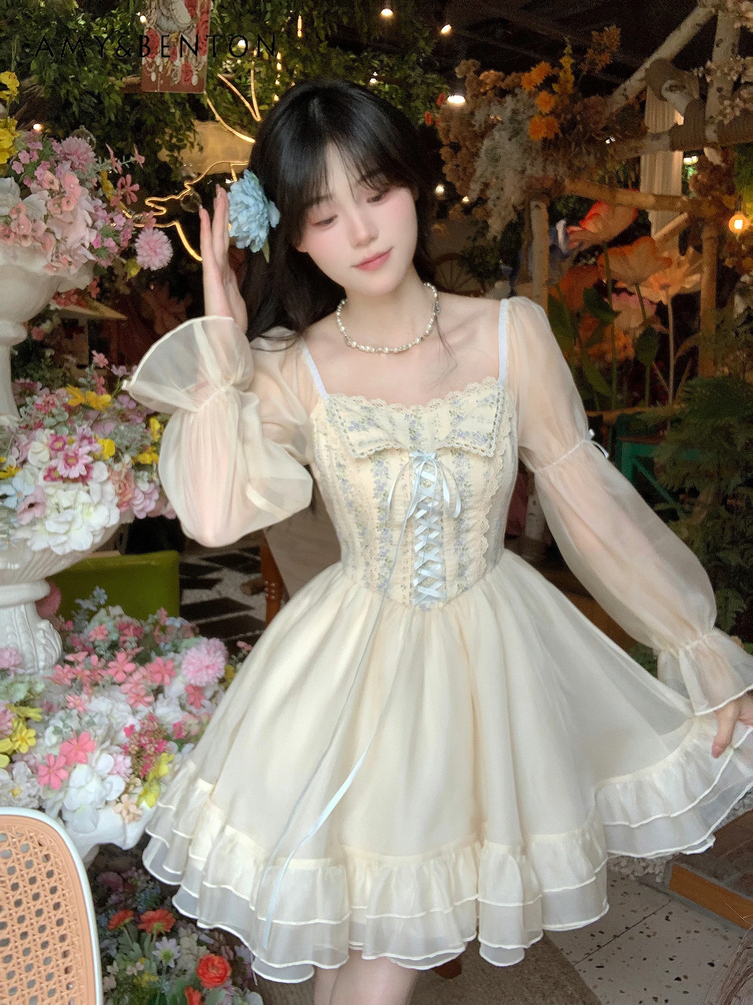 

Sweet Princess Dresses French Retro Lace Sweet Flowers Embroidered Tied Slim Mini Dress Early Autumn New Cute Ball Gown Dress