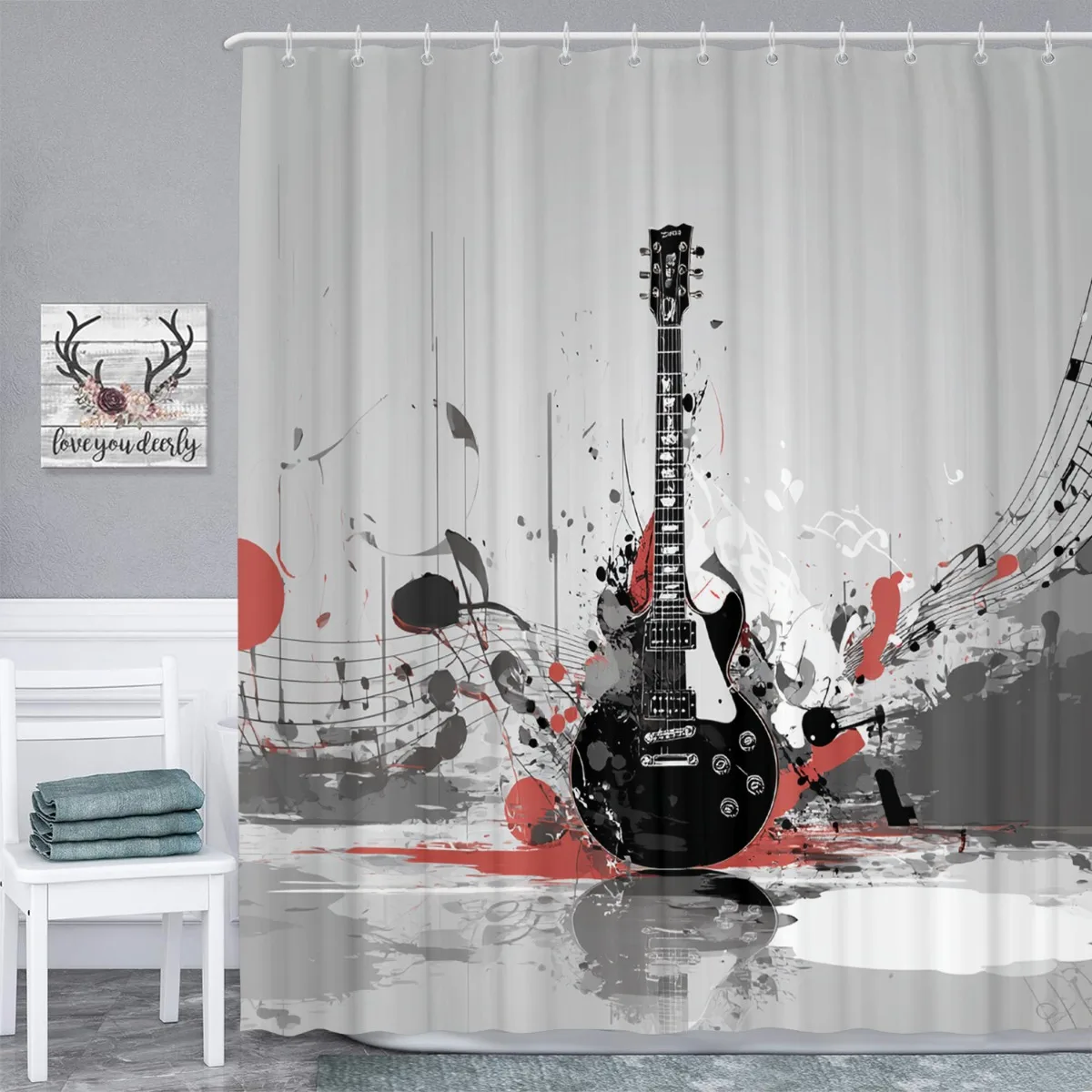 Electric Guitar Shower Curtain, Abstract Musical Note Art, Rock Band Instrument Print, Black Red White Decor