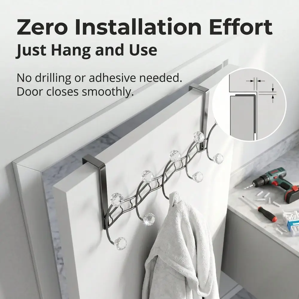 

Hooks Over The Door Hanger With Clear Crystal Knobs, Heavy Duty Door Organizer For Coats, Robes, Towels Bags, NoDrill Space Sav