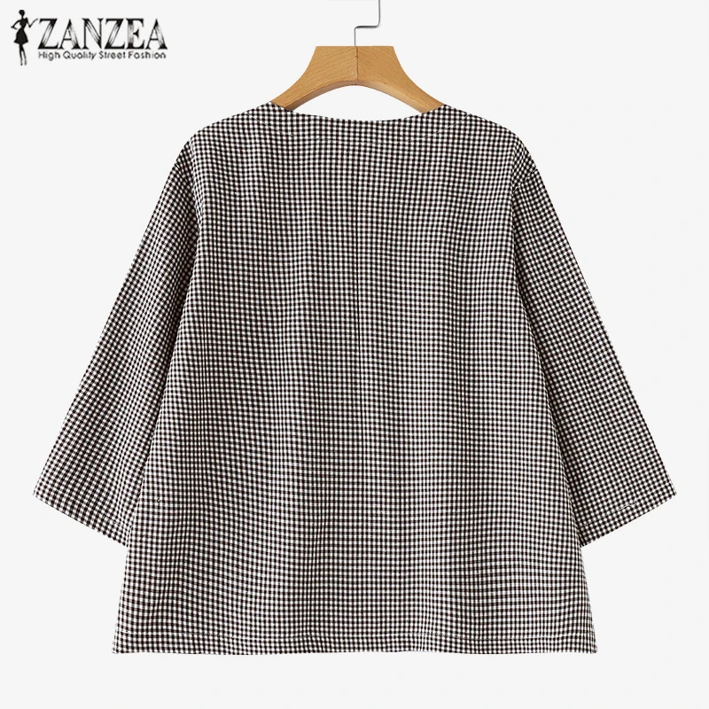 ZANZEA 2025 Herfst Shirt Mode Tuniek Casual Losse Vrouwen Blouse Gecontroleerd Gedrukt Pocket 3/4 Mouw Ronde Hals Tops Blusas Femme