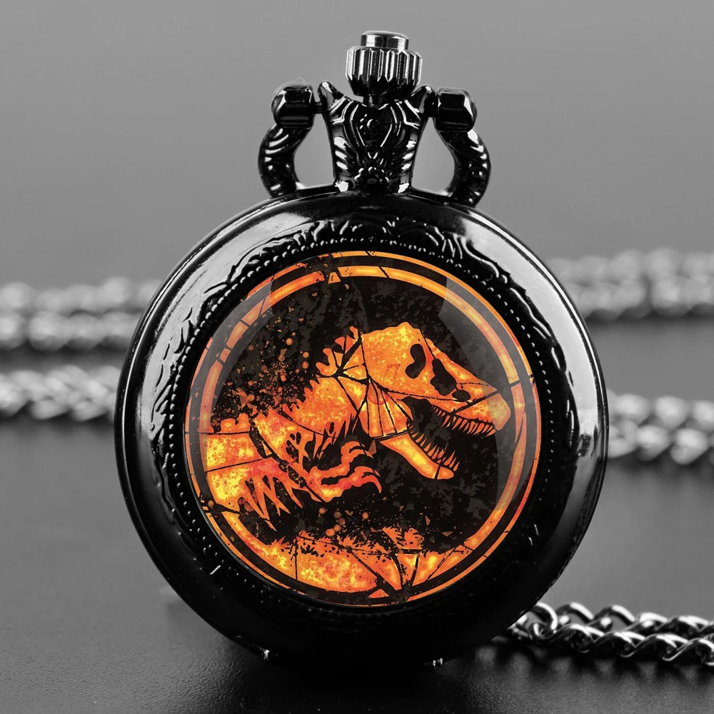 Dinosaur Glass Dome Quartz Pocket Watch With Durable Chain Arabic Numeral Dial Halloween Gifts for Men Women Kids