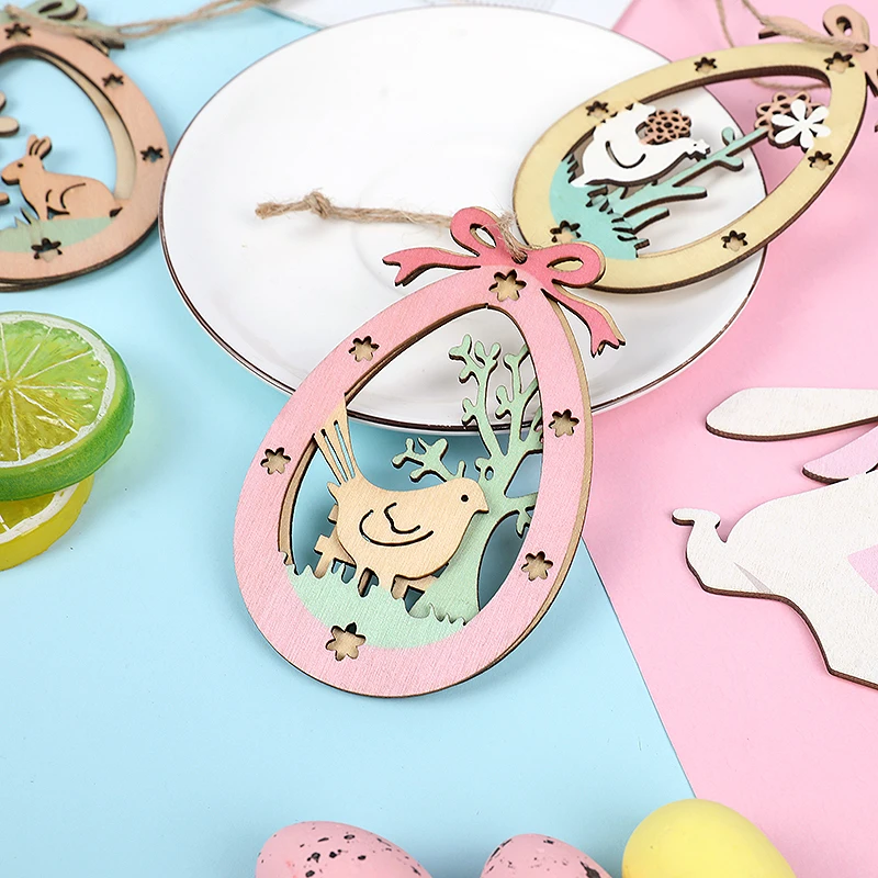 

Happy Easter Rabbit Egg Hanging Ornament Rabbit Egg Hollow Wooden Slices Pendant Easter Party Decor For Home DIY Crafts Supplies
