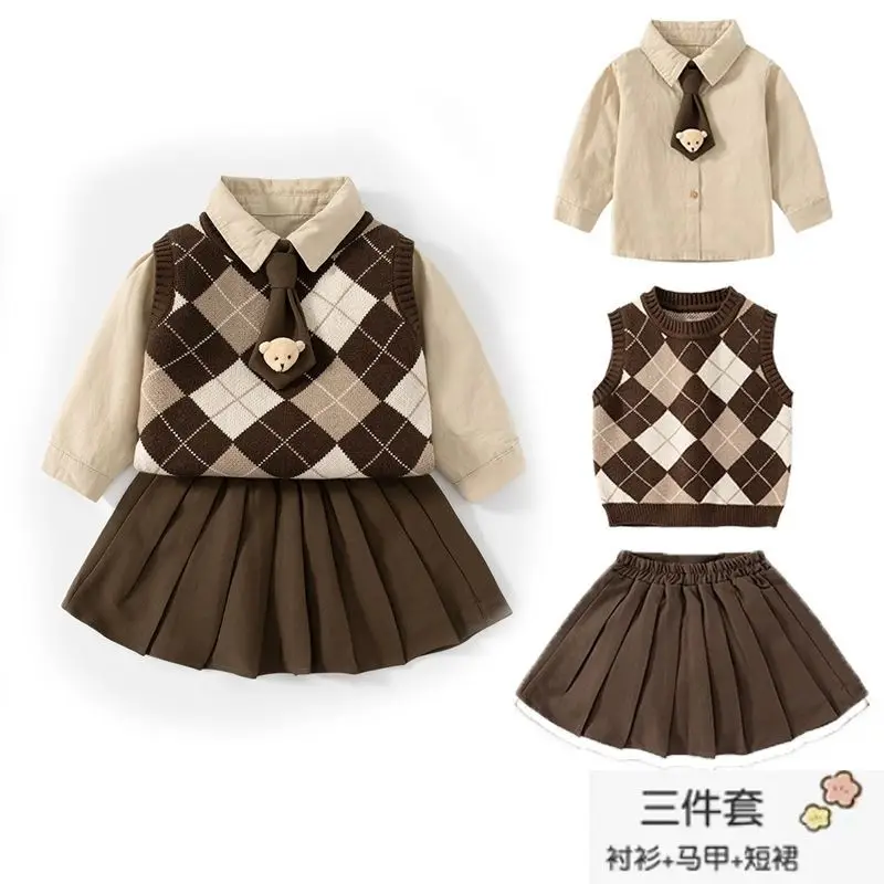 Baby Girls Preppy School-Themed 3-Piece JK Set College Style Outfit with Short Skirt Shirt Sweater Spring/Autumn Child Suit 1-6