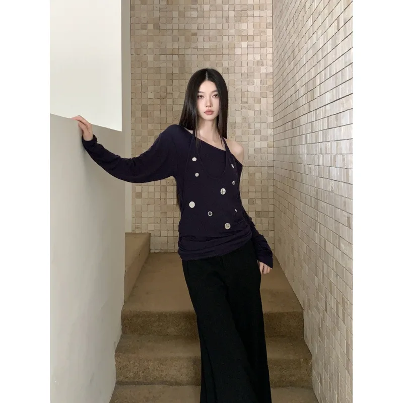 Retro One-shoulder Halter Neck Polka Dot Navy Sequin T-shirt Harajuku Niche Preppy Shirts And Blouses Autumn New Women's Clothin