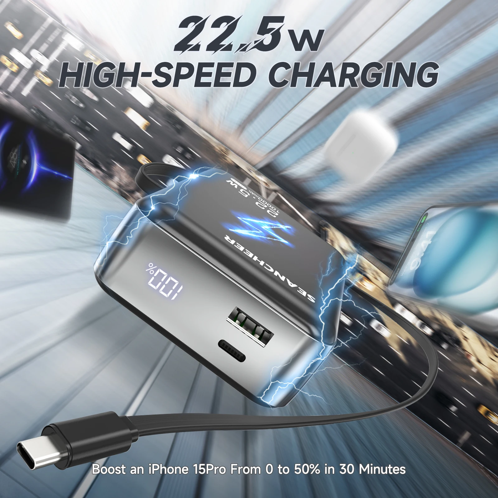 미니 휴대용 충전기, 22.5w 고속 충전 접이식 USB-C 케이블이 포함된 10000mAh 보조베터리, iPhone 16/15용 USB C 입력/출력