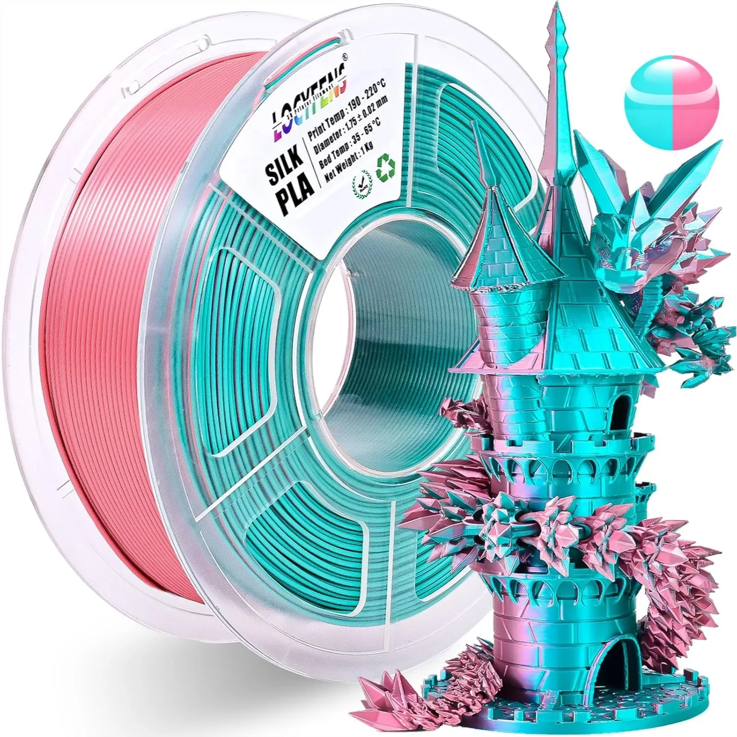 

Silk Dual Color PLA Filament 1.75mm, Pink and Sky Blue 2 in 1 Coextrusion 3D Printer Filament, 1kg Spool with AMS Compatibility