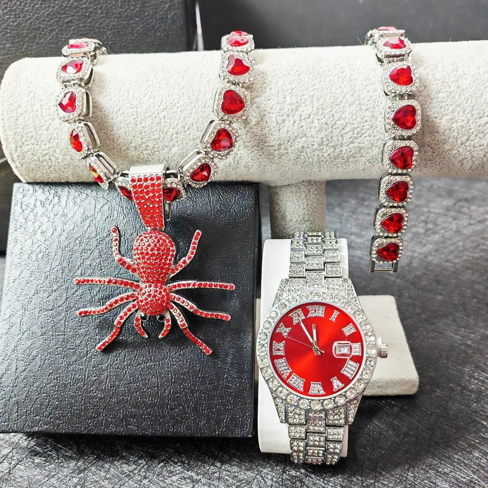 

Мужские часы в стиле хип-хоп с подвеской в виде красного паука, ожерелье, очаровательный комплект, роскошные мужские кварцевые наручные часы, ювелирное изделие, подарок для парня