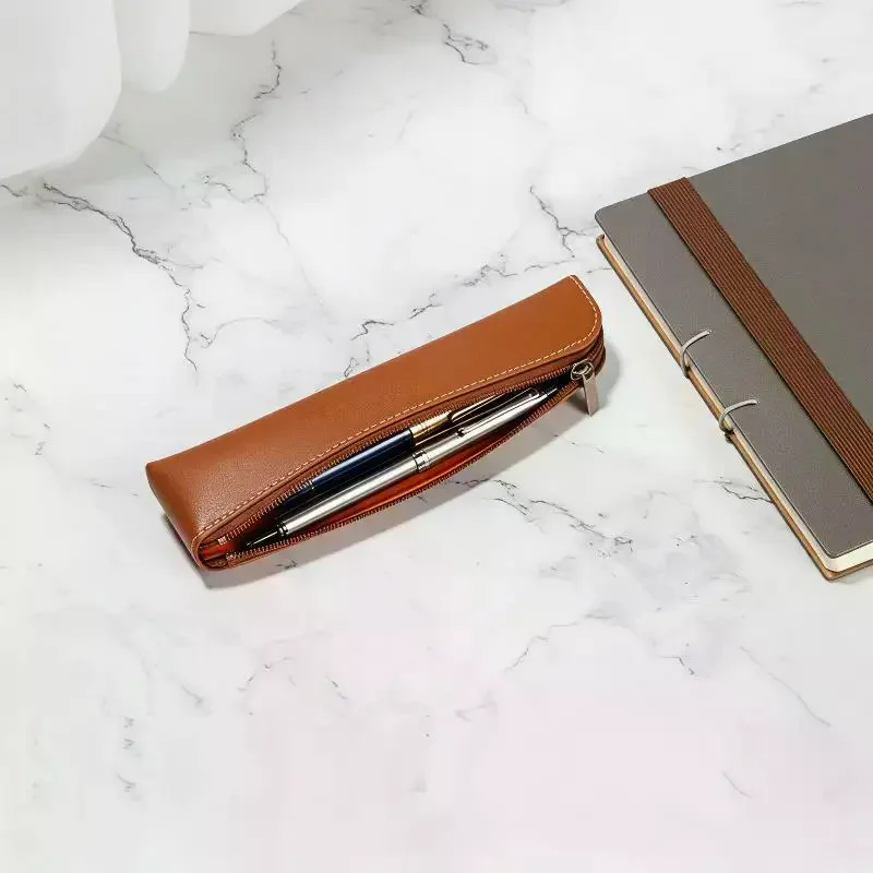 Large Capacity Slim PU Leather Pencil Case, Smooth Zipper Stationery Organizer, Essential Daily Use Bag for Students & Office