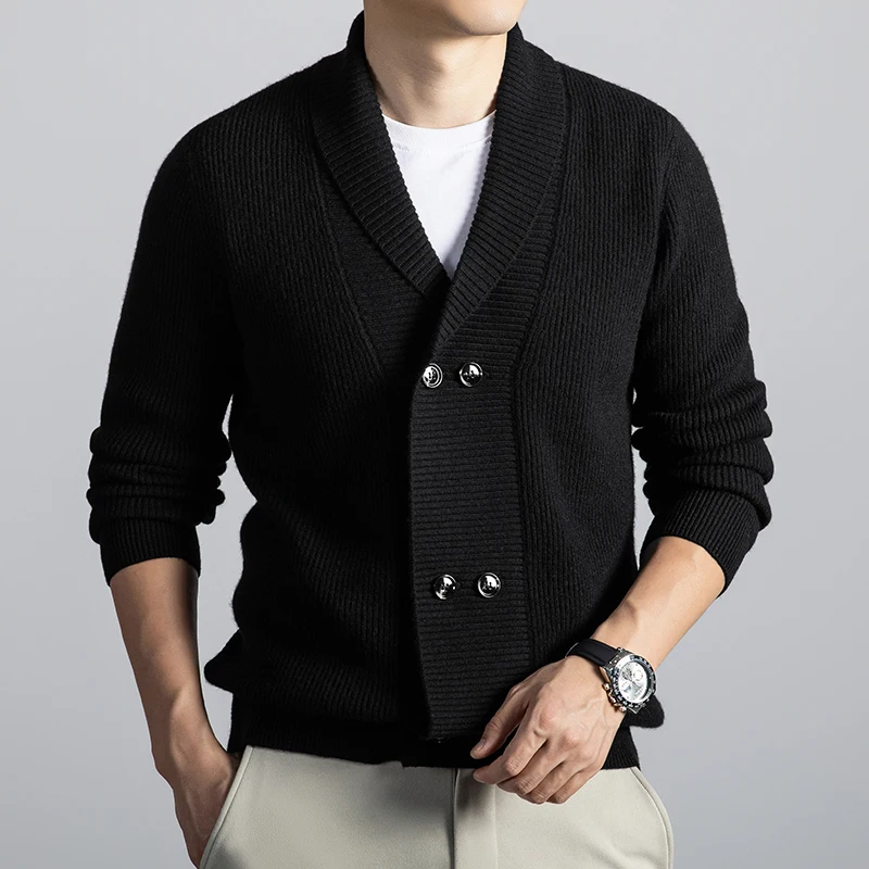 

100% Sheep Wool Coat Men Double Breased Thick Sweater Long Sleeve Korean Trendy Cardigan Male Cashmere Wool Knit Jacket