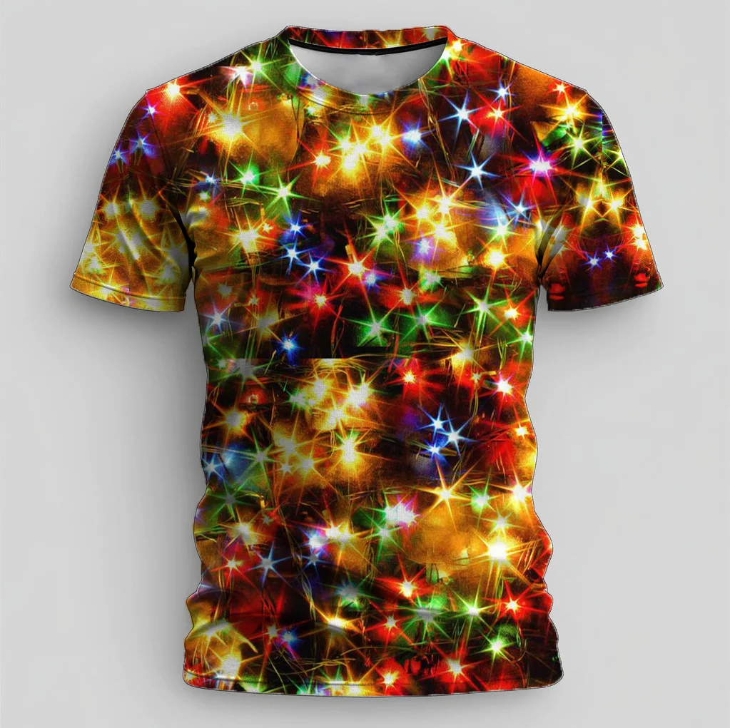 

Men's and women's clothing 3D printed color Christmas lighting sports and leisure round neck short sleeved holiday T-shirt