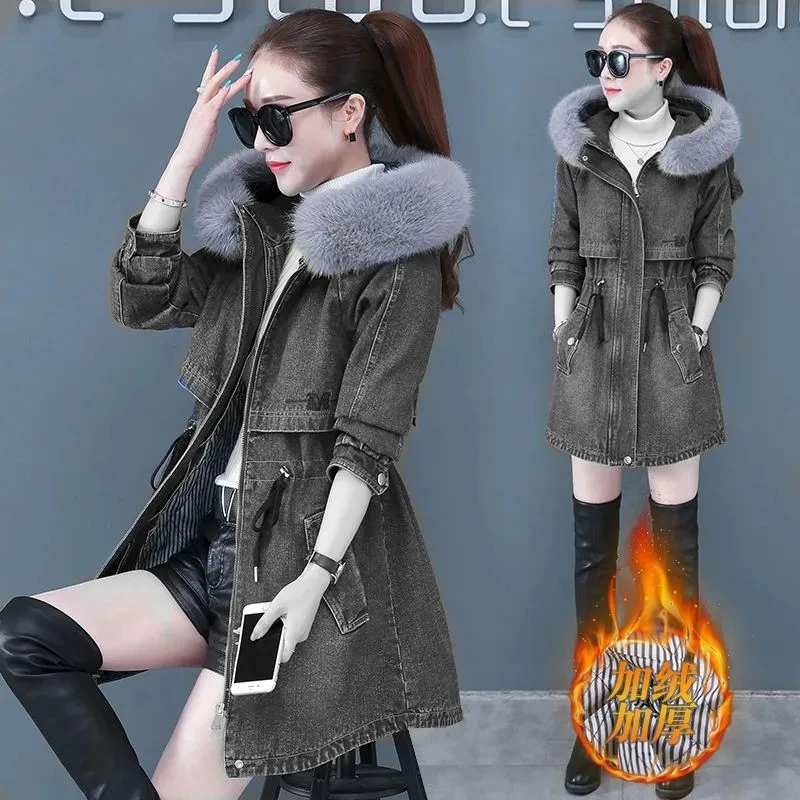 Winter Jackets Plus Cotton Thick Denim Jacket Women\'s 2023 New Warm Parkas Hooded Fur Collar Long Jeans Jacket Female Outerwear