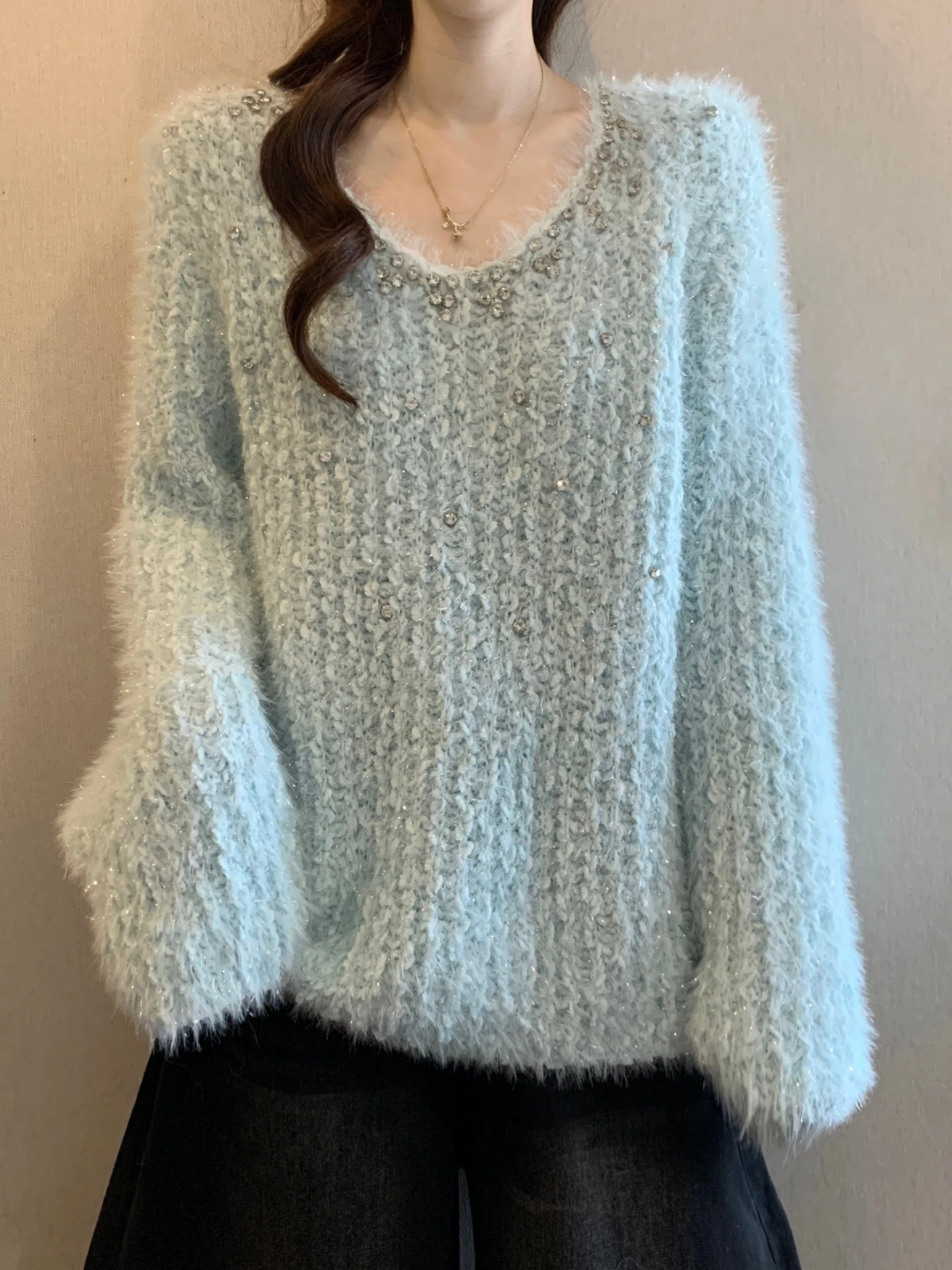 

Heavy Knit Mink Fur V-Neck Base Shirt Sweater Women's Spring Autumn plus Size Diamond Embedded Top