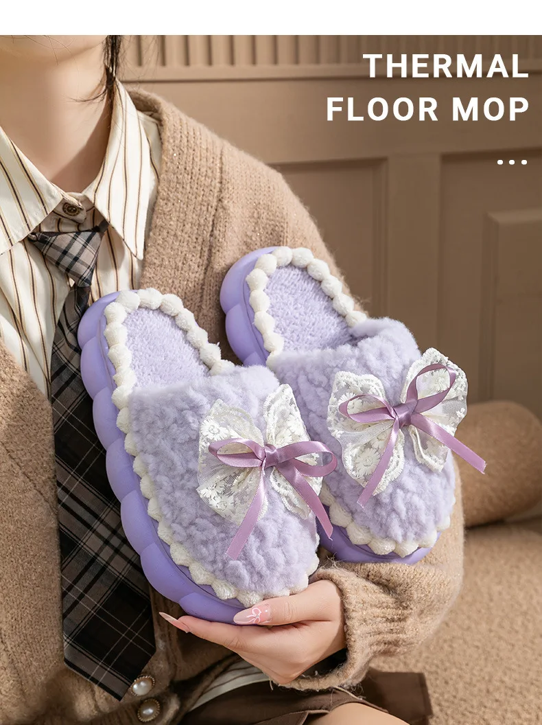 Bow 2026 Neue Baumwoll-Hausschuhe für Damen, Winter-Innenschuhe mit Weicher Sohle, Rutschfest, Warm, Plüsch, Dickbesohlte Entbindungsschuhe – Detail 13