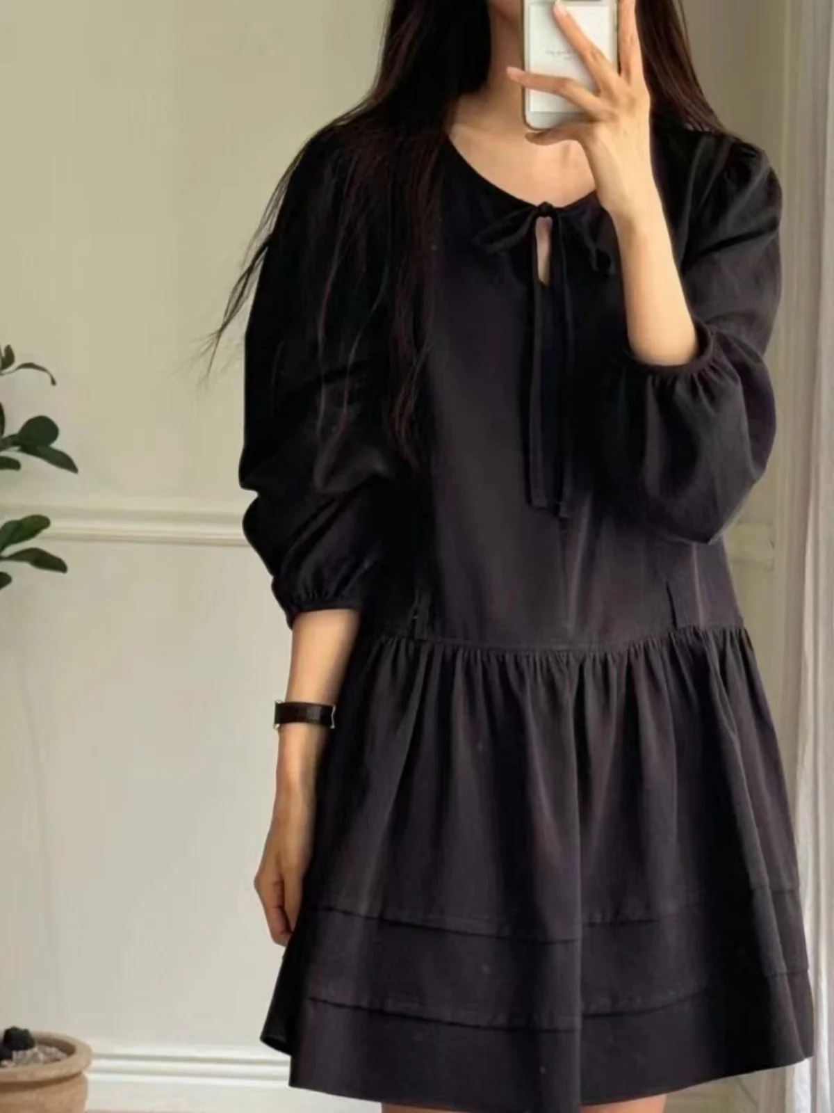 

Fall Faion Women's 2024 New Korean Sle Loose Long Sve round Ne Dr Trendy Pure Color High Waist A-Line Skirt