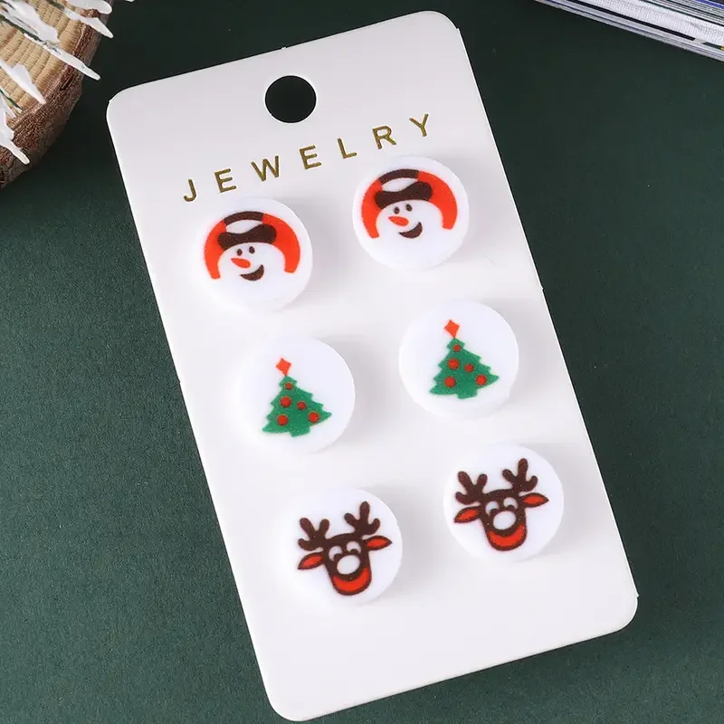 Christmas Earrings Set for Women - 3 Pairs Vintage Cute Acrylic Studs Featuring Snowman, Reindeer & Christmas Tree Designs - Fes