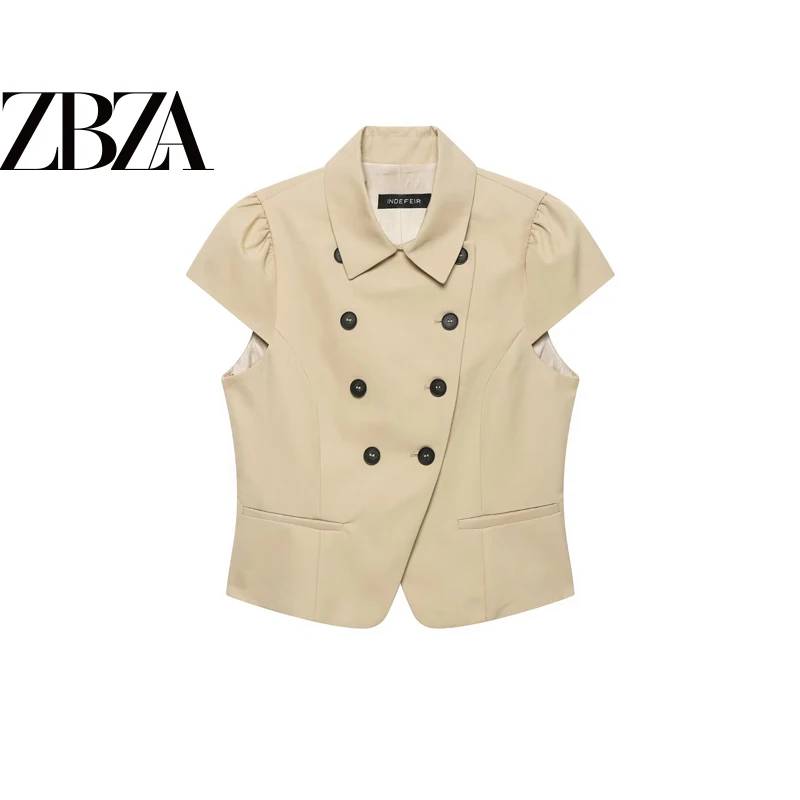 Fashionable Bubble Short Sleeve T-Shirt Women's Casual Style Standard Fit Double Row Button Flip Collar Polyester Fiber