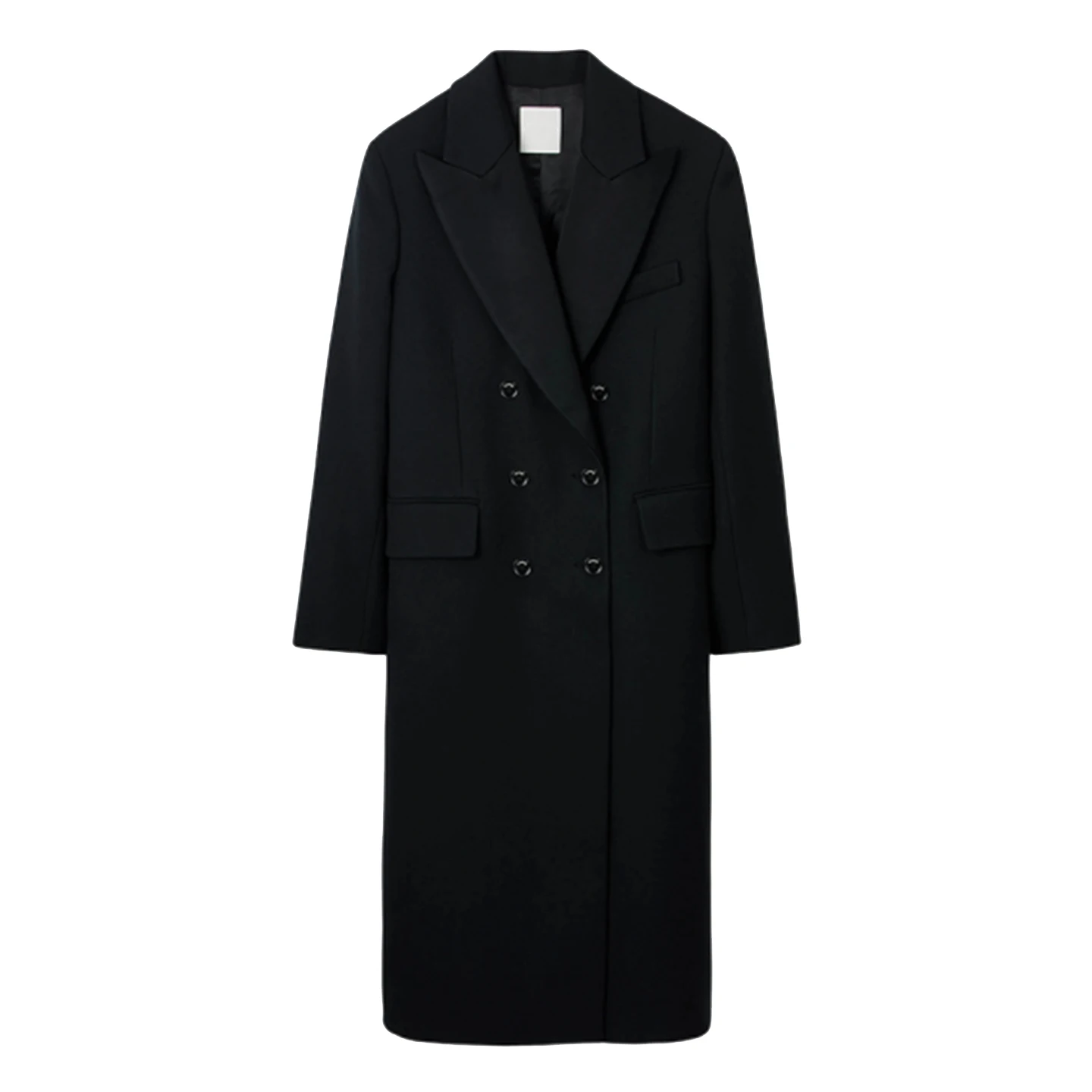 Długi płaszcz damski z mieszanki wełny, dopasowany, dwurzędowy, za kolano, o prostym kroju, do pracy, elegancki, modny.