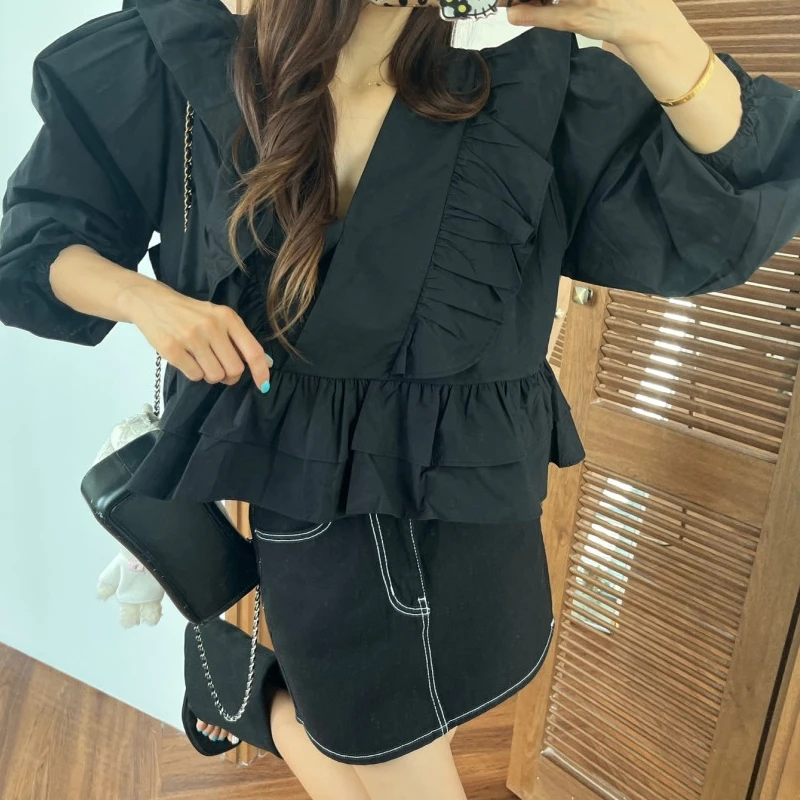 

Белый Puffy Sve Long Sve Doll irt Женский свободный крой в Корейском стиле Sle irt ort Design Осень Новое поступление Faionable