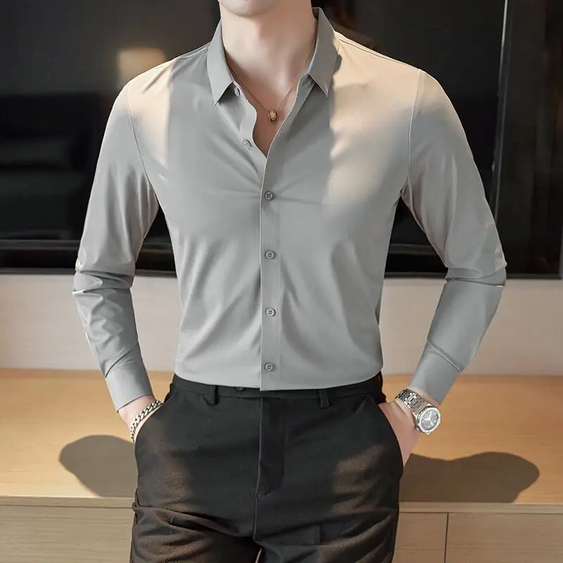 2023 New High Quality No Trace Ice Silk Long Sleeve Elastic Shirts Men Formal Business Slim Fit Solid Casual Shirt Tuxedo 4XL-M