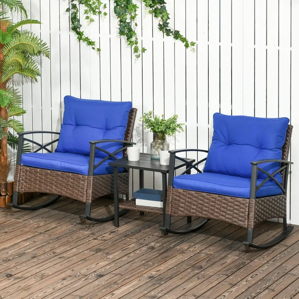 3-Piece Outdoor Wicker Bistro Set with Cushioned Rocking Chairs and 2-Tier Coffee Table