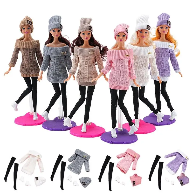 BJD Doll Clothes 30cm 1/6 Scale Woolen Knit Dress Hat Pants Warm Winter Outfit Set Sweater Clothes for 30cm Girl Doll DIY Toys