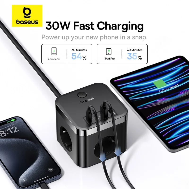 Baseus 30W Fast Desktop Charger Digital Power Strip Touch Control 3AC Sockets 2 USB A 2 USB C 1.5m EU For iPhone Samsung Tablet