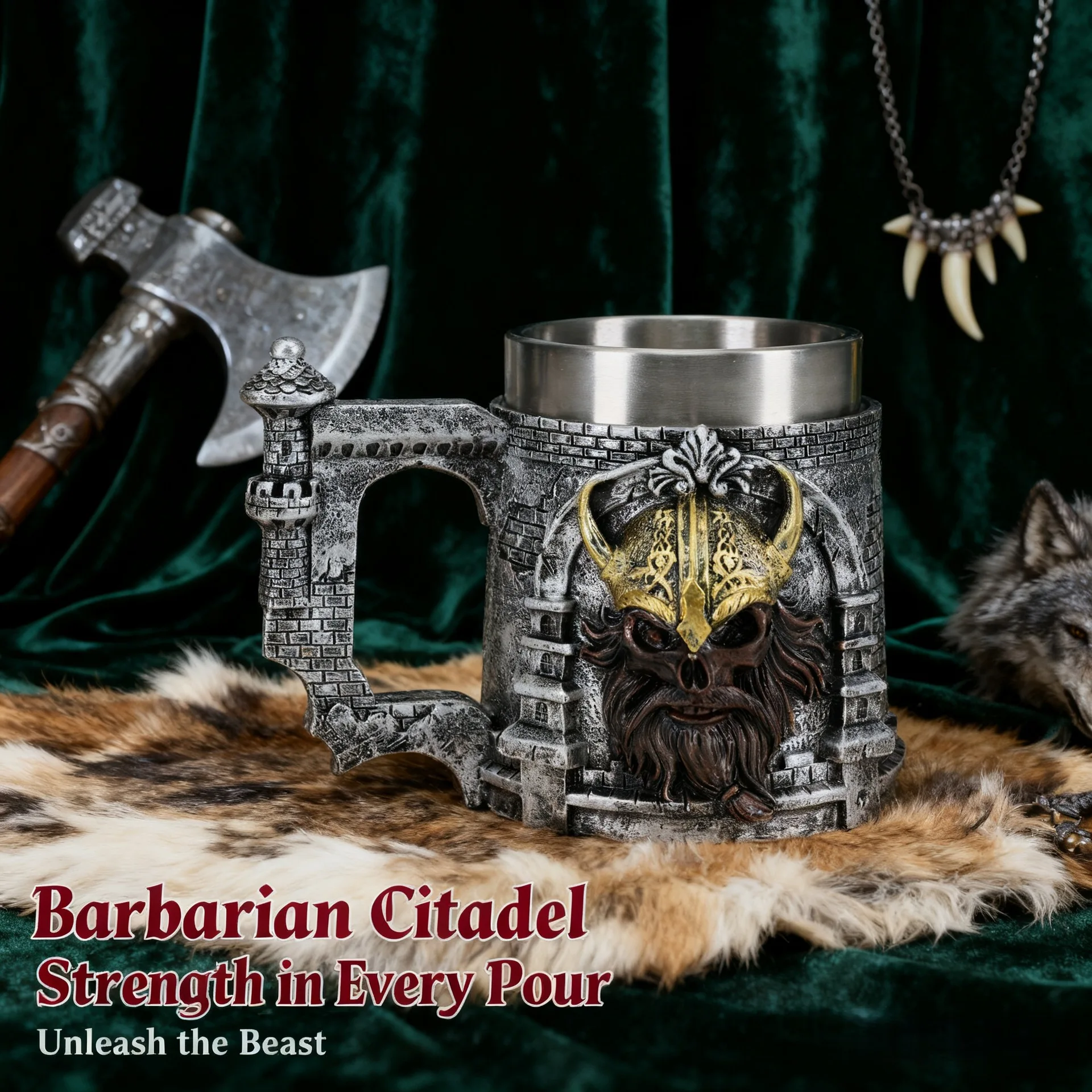 

Medieval Vintage Viking Viking Castle Beer Mug 3D Stereo Resin Stainless Steel Coffee Mug