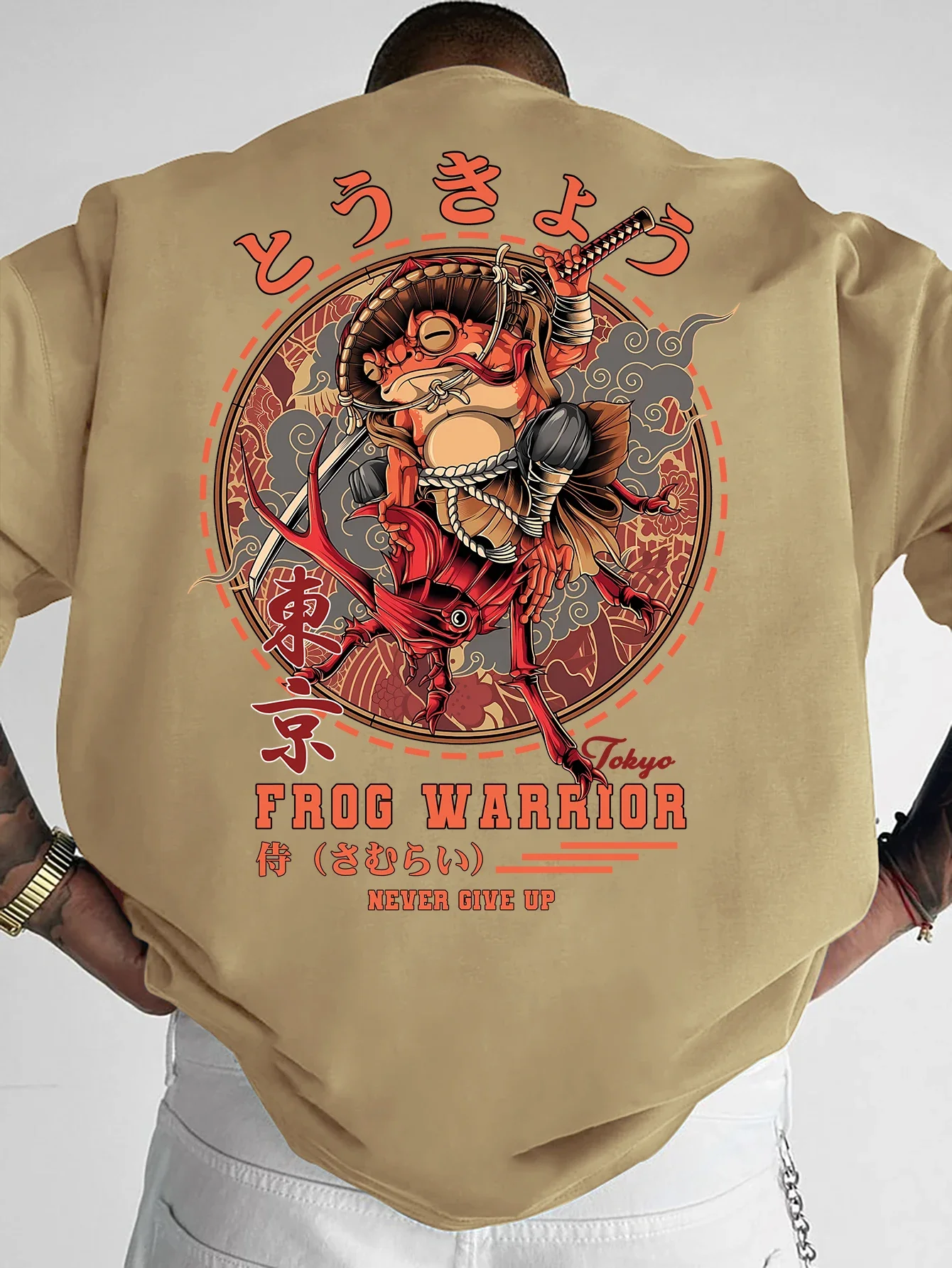 Herren-T-Shirt, Tokyo Frog Samurai Warrior, japanischer Textmusterdruck, Ukiyo-e Streetwear, Alltagskleidung, S-XXL – Detail 6