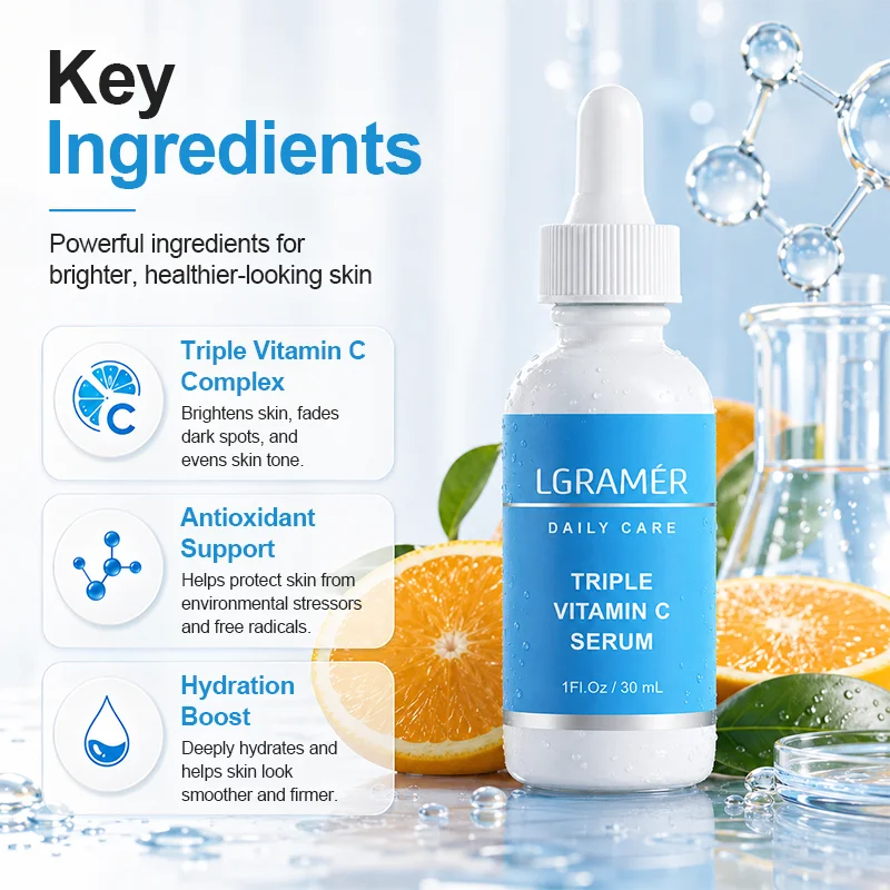 Triple Vitamin C Facial Serum Antioxidant Face Essence Brighten Reduce Dull Skin Fade Spots Hydrating Firming Daily Skin Care