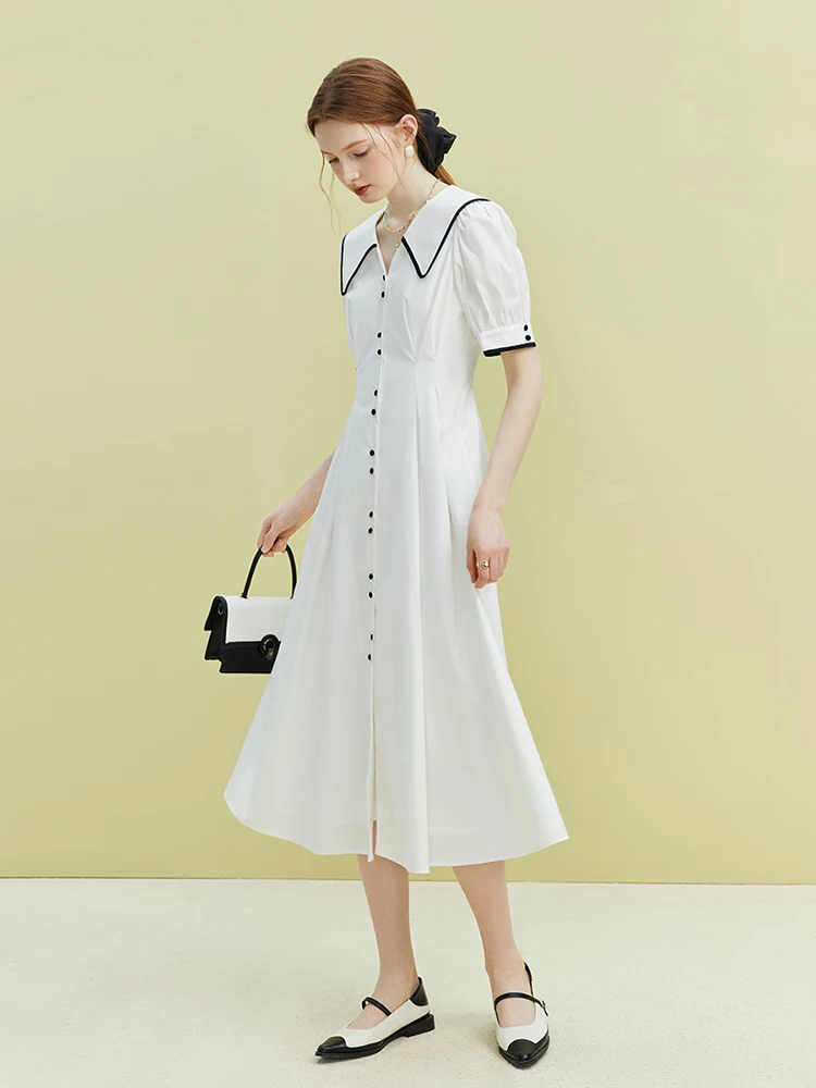 FSLE Navy Collar French Dress Women's Summer 2023 New Temperament Shirt Dress For Women White Black Casual Loose Women Dress