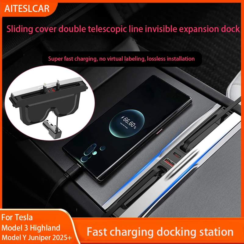

Docking Station with Telescopic Rope for Tesla Model Y Juniper 2025 Model 3 Highland Hub Supports Laptop Central Control Splitt