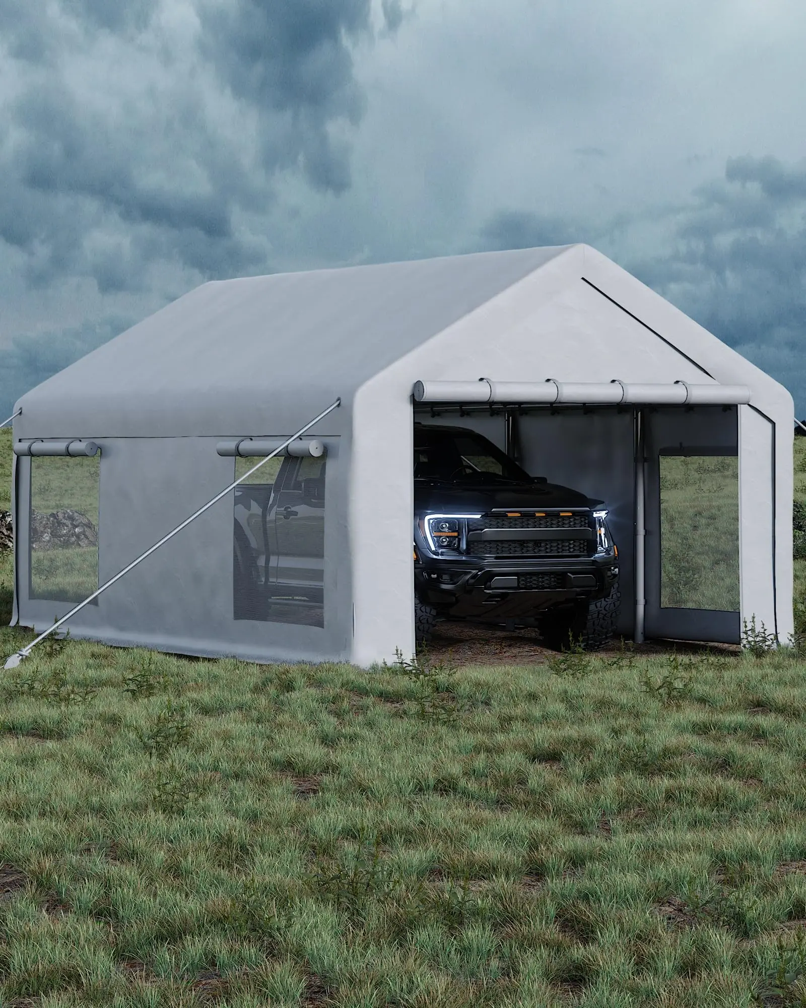 12x20 FT Heavy-Duty Design Carport, Portable 200g PE Garage Canopy, Carport Canopy with 4 Windows & Roll-Up Window, Portable Car Port for Car, Truck, Boat