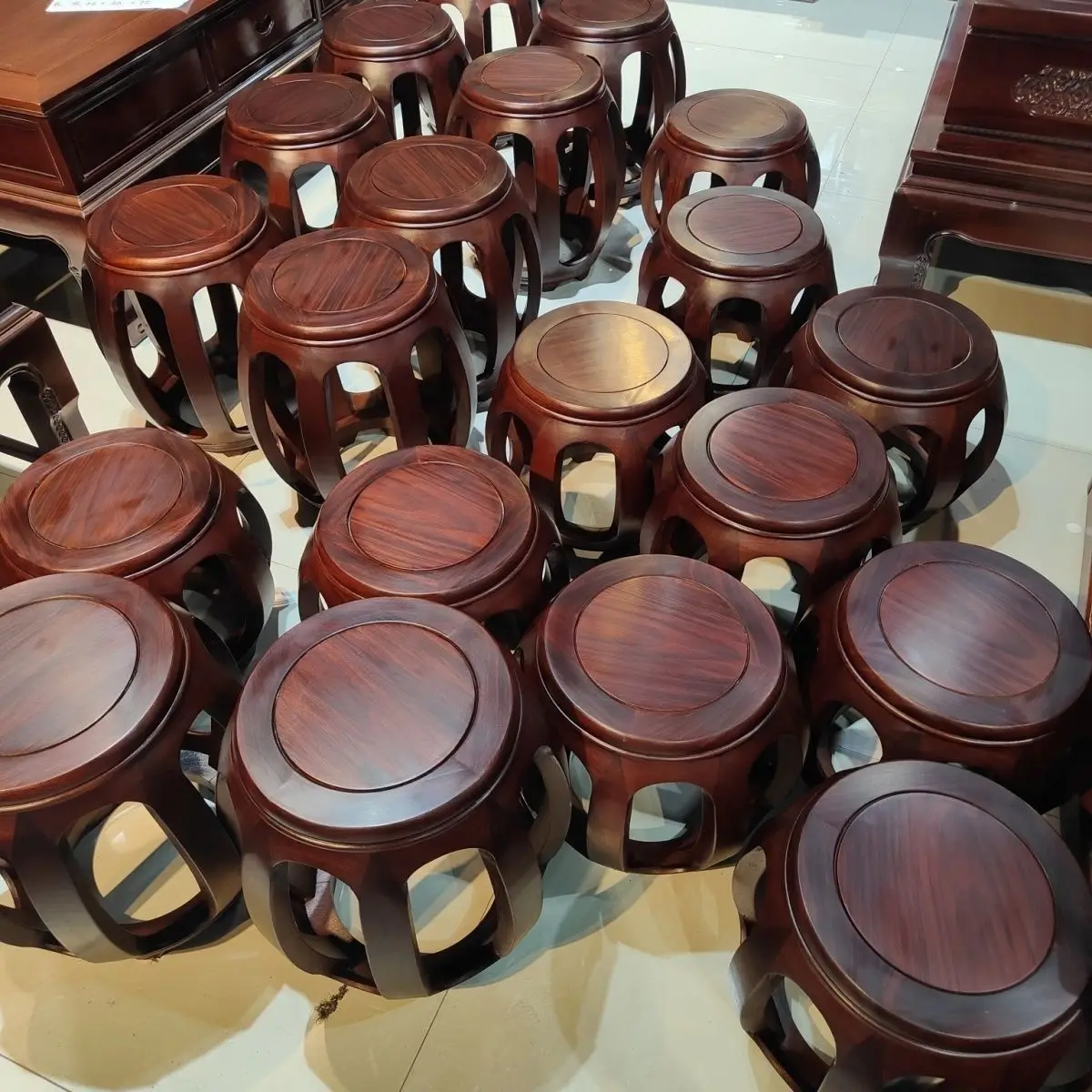 Solid Wood Guzheng Drum Stool, Chinese Antique Round Low Seat, Mahogany Color Living Room Tea Table Furniture