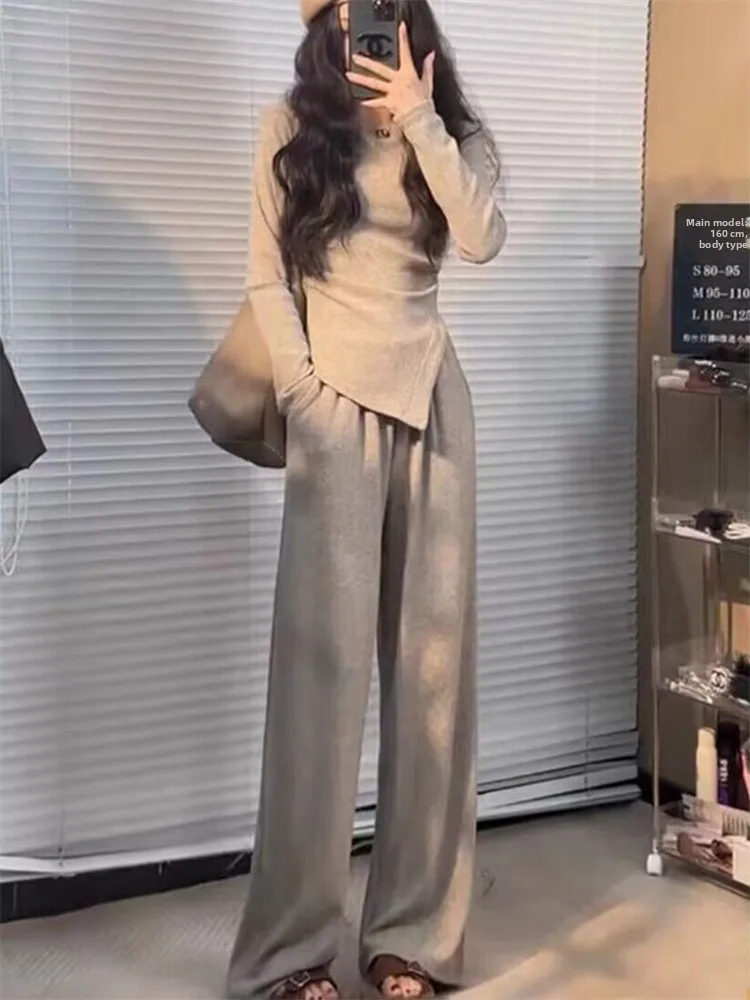 

Slimming High Waist Wide Leg Pants Women's Set Casual Asymmetrical Top Bot Two-Piece Suit Spring Faion Ensemble