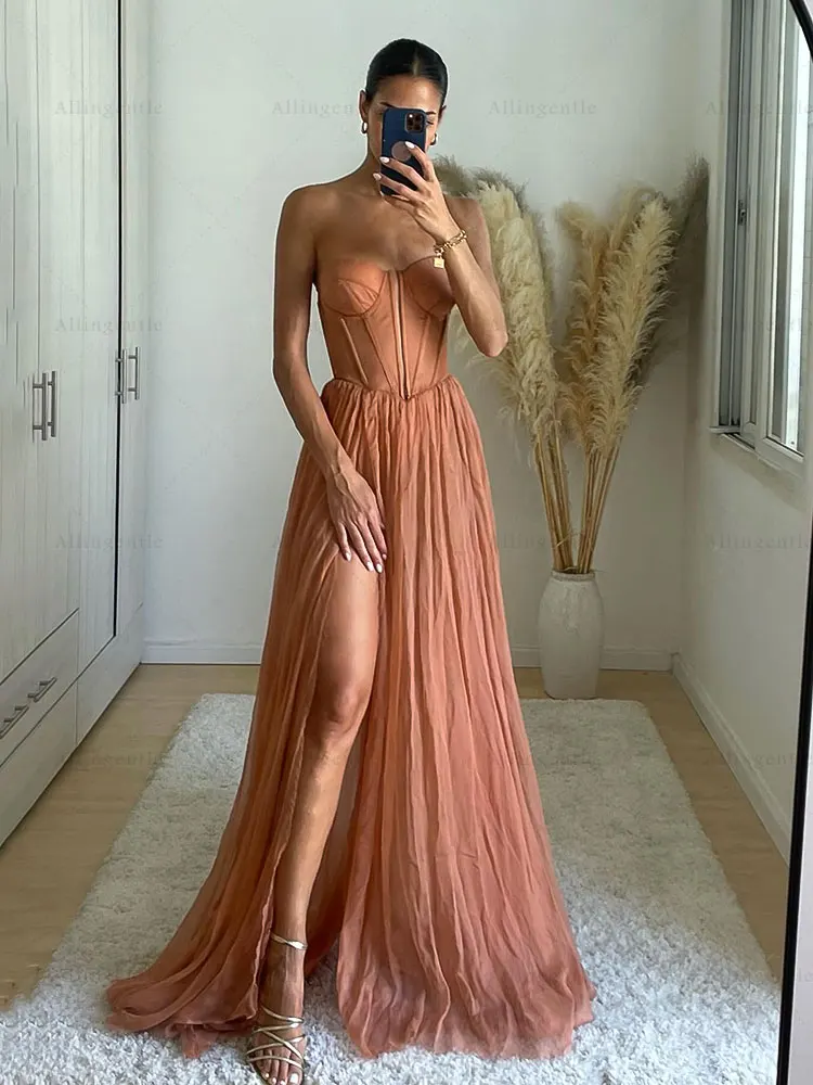 Vestido de baile de chiffon amarelo 2026 sem alças linha a divisão vestido de festa de casamento personalizado sem mangas até o chão vestidos de fiesta