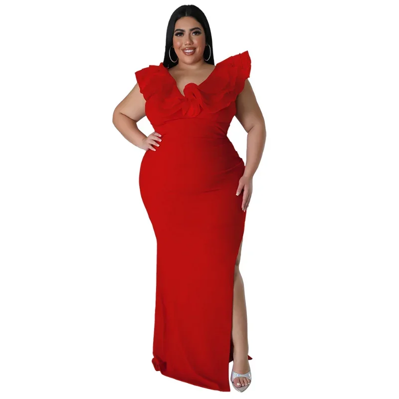 L-4XL Plus Size Women Clothing Party Dresses African Spring Summer Mesh Ruffles Bodycon Split Sexy Club Elegant Evening Dress