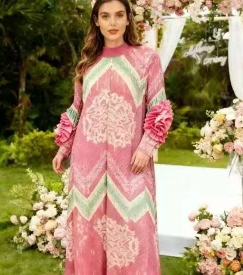 

Miyake плиссированная женская одежда, осенне-зимнее новое модное свободное плиссированное повседневное длинное платье с круглым вырезом и принтом