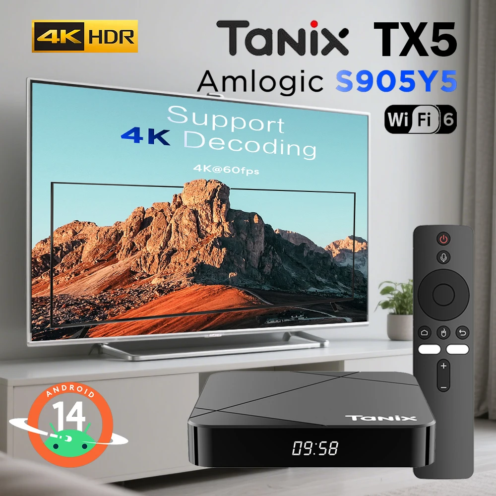 Tanix TX5 TV Box Amlogic S905Y5 Android 14,0 Smart TV Box 4K @ 60fps HDR10 + reproductor multimedia compatible con 2,4G y 5G Wifi6 BT decodificador