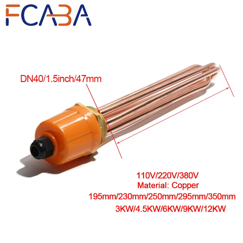 FCABA DN40 Copper Water Tank Heating Element 1 1/2 Inch Immersion Heating Tube 110/220/380V 3KW/4.5KW/6KW/9KW/12KW Flange Heater