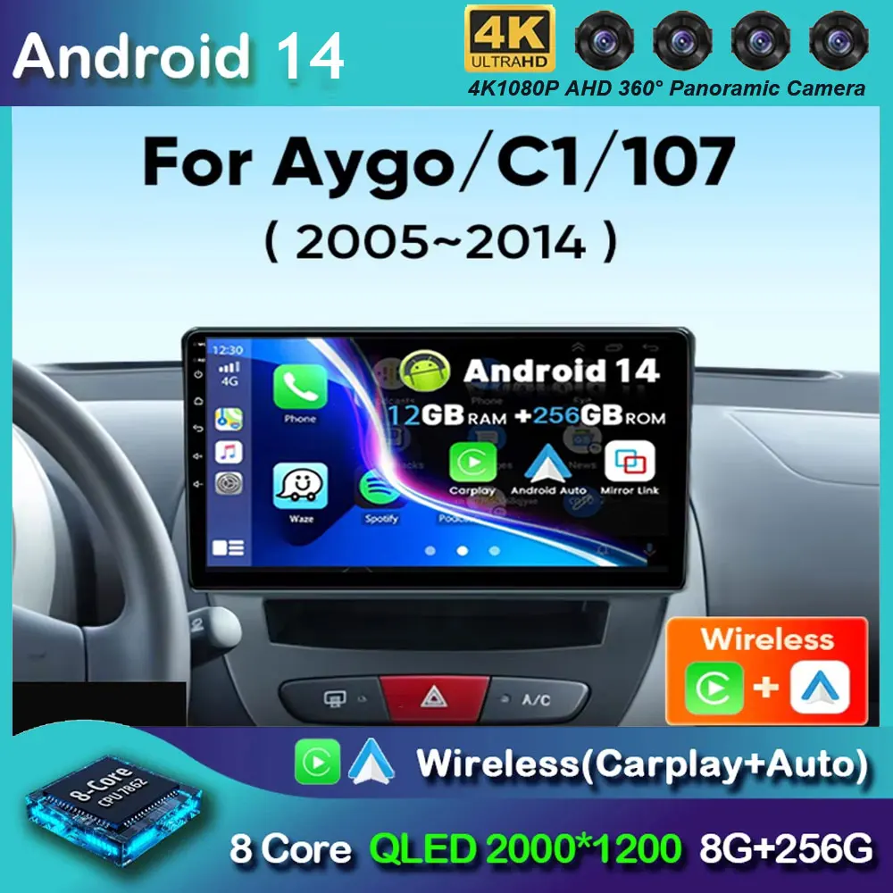 

Автомобильный радиоприемник Android 14, для Peugeot 107 Toyota Aygo Citroen C1 2005-2014, стерео Carplay, Android, авто, мультимедийный плеер, 2Din
