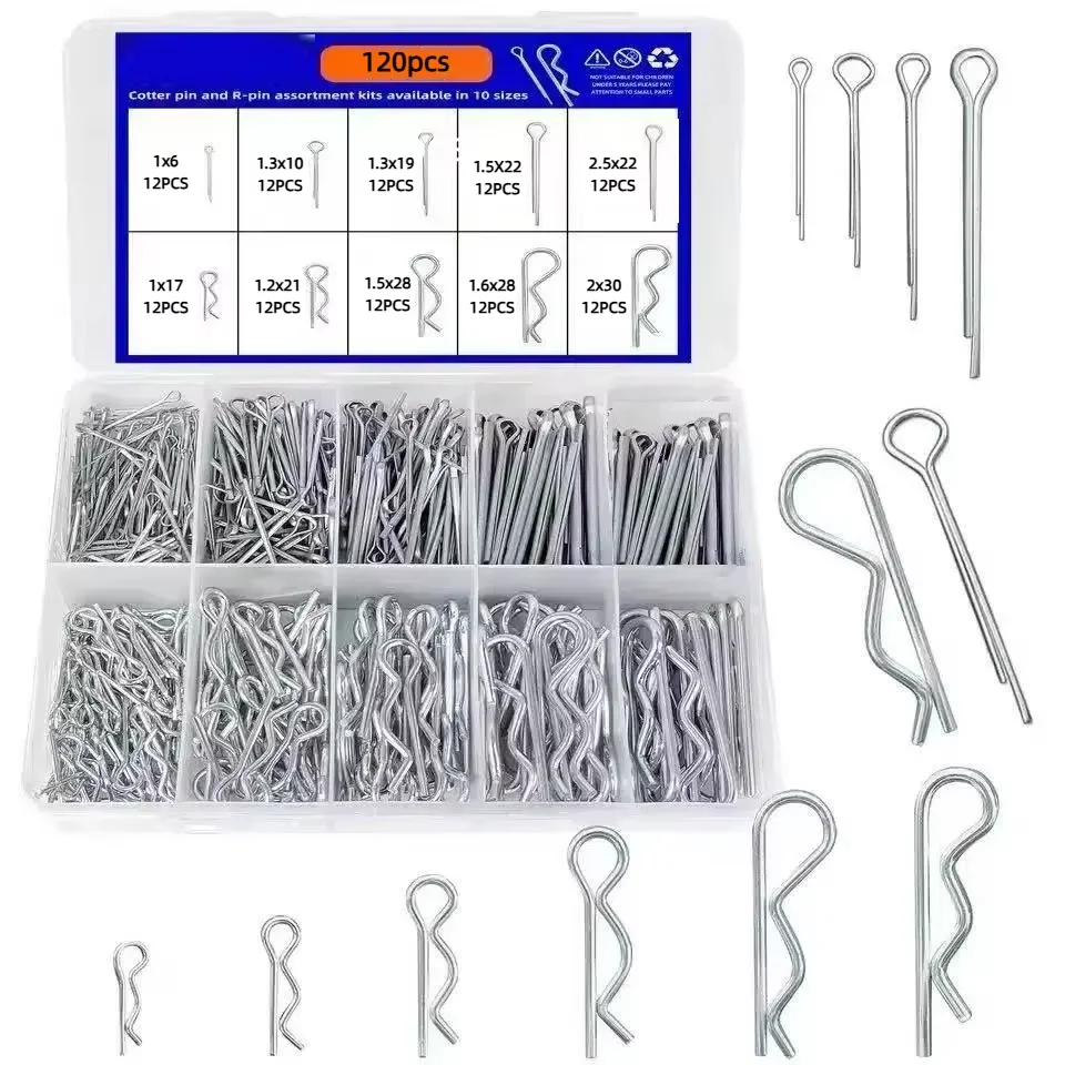 Image of 120-teiliges Sortiment an Splingen, verzinkter Stahl, Sortiment an Splingen, Haarnadeln, Verbindungsstiften, Splingen-Befestigungsteilen, Sortiment, Multi