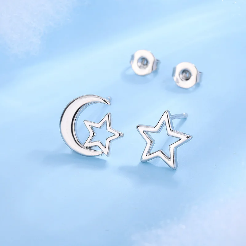 New Fashion Asymmetrical Star And Moon 925 Sterling Silver Jewelry Sweet Cute Stud Earrings 3021