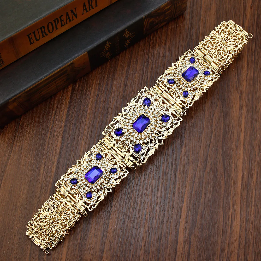 Sunspicems Gold Color Blue Crystal Morocco Caftan Belt For Women Algera Bride Wedding Belt Jewelry Decorative Waist Chain